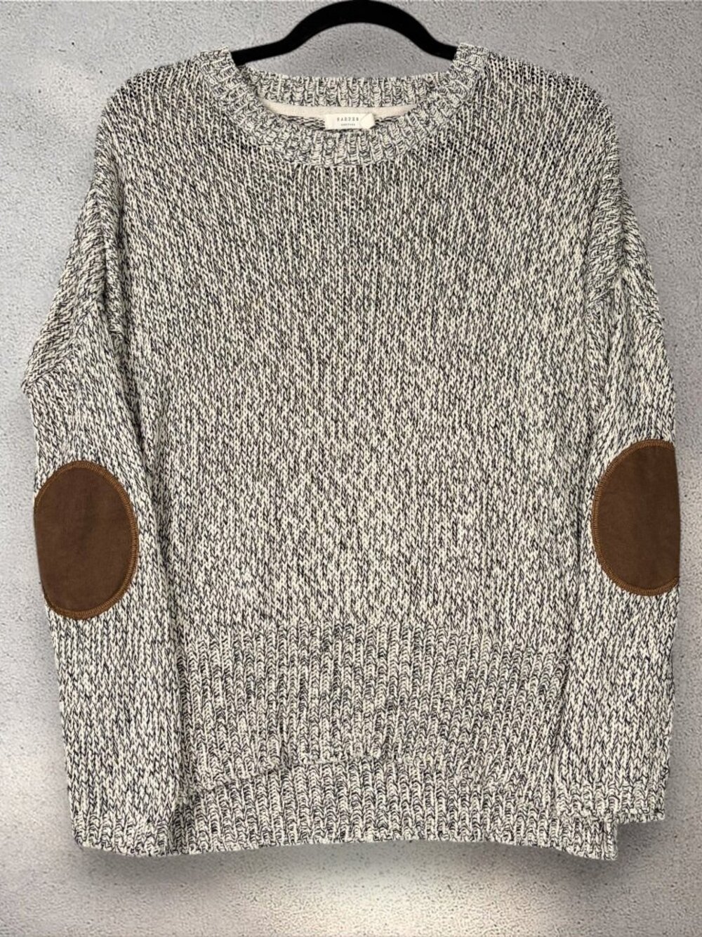 Anthropologie Harper Heritage Marled Knit Sweater Women’s L Beige Elbow Patches - Picture 3 of 11